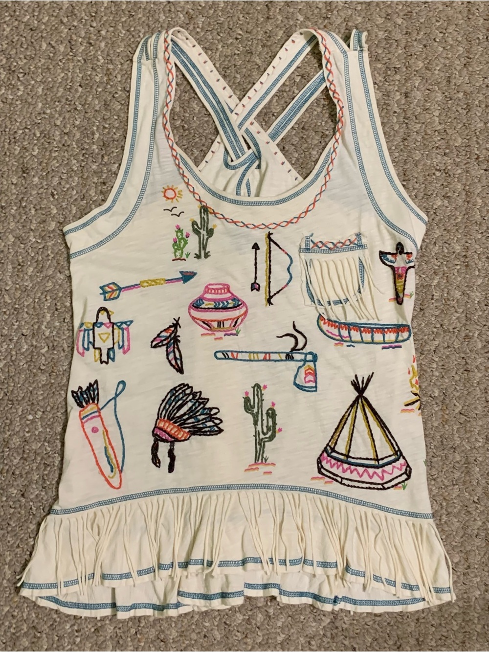 Double D Ranch Cream Embroidered Fringe Tank Top - Teepee Cactus Arrows - Picture 5 of 10